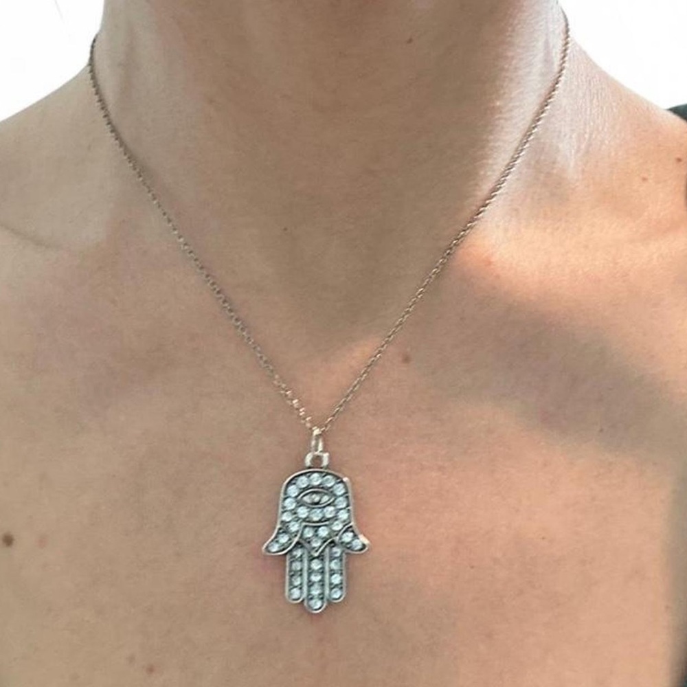 Silver Toned Hamsa Pendant Necklace Adjustable 16” to 20”